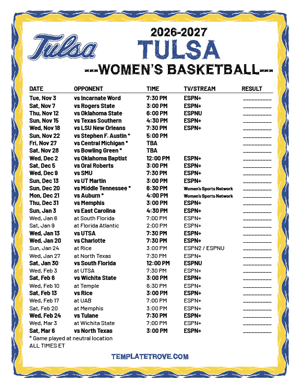 2024-25 Printable Tulsa Golden Hurricane Women's Basketball Schedule