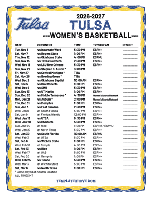 Tulsa Golden Hurricane women's basketball 2026-27 Printable Schedule - Mountain Times