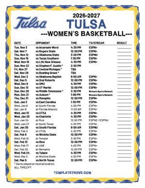 Tulsa Golden Hurricane women's basketball 2026-27 Printable Schedule - Pacific Times