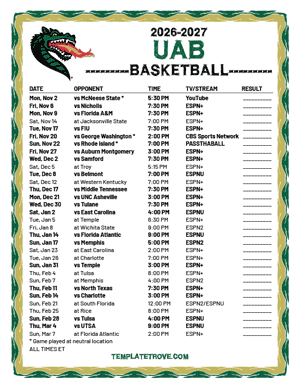 2024-25 Printable UAB Blazers Basketball Schedule