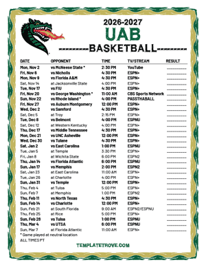 UAB Blazers Basketball 2026-27 Printable Schedule - Pacific Times