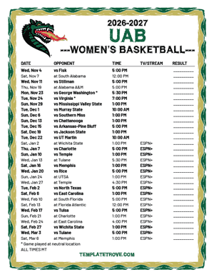 UAB Blazers women's basketball 2026-27 Printable Schedule - Mountain Times