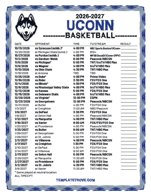 UConn Huskies Basketball 2026-27 Printable Schedule - Pacific Times