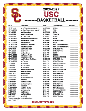 2024-25 Printable USC Trojans Basketball Schedule