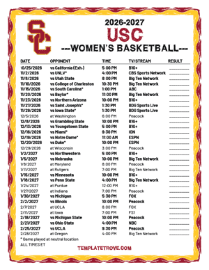 2024-25 Printable USC Trojans Women's Basketball Schedule