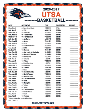UTSA Roadrunners Basketball 2026-27 Printable Schedule - Central Times