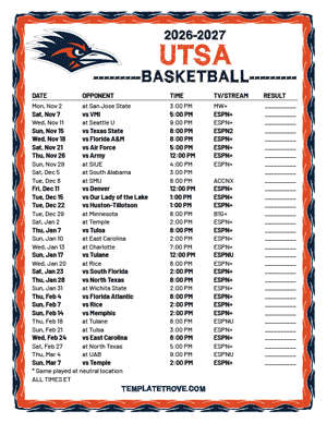2024-25 Printable UTSA Roadrunners Basketball Schedule