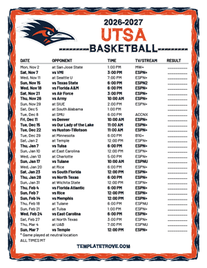 UTSA Roadrunners Basketball 2026-27 Printable Schedule - Mountain Times