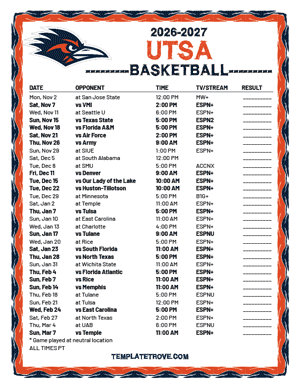 UTSA Roadrunners Basketball 2026-27 Printable Schedule - Pacific Times