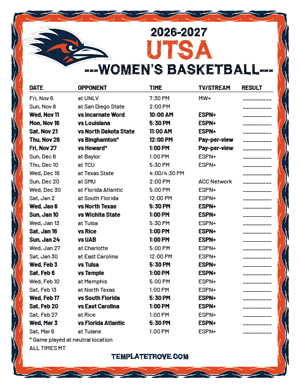 UTSA Roadrunners women's basketball 2026-27 Printable Schedule - Mountain Times
