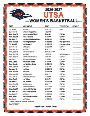 UTSA Roadrunners women's basketball 2026-27 Printable Schedule - Pacific Times