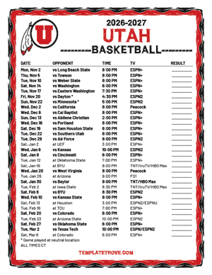 Utah Utes Basketball 2026-27 Printable Schedule - Central Times
