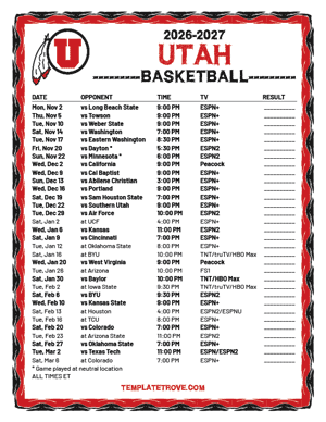 2024-25 Printable Utah Utes Basketball Schedule