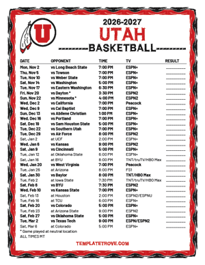 Utah Utes Basketball 2026-27 Printable Schedule - Mountain Times