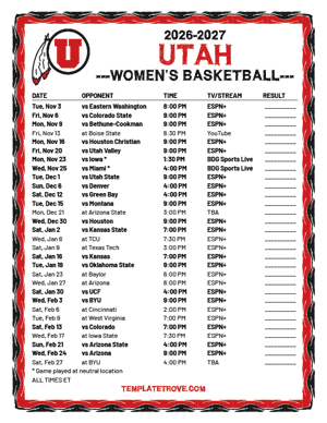 2024-25 Printable Utah Utes Women's Basketball Schedule