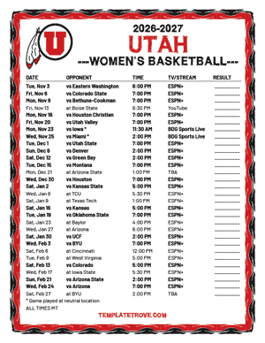 Utah Utes Women's Basketball 2026-27 Printable Schedule - Mountain Times