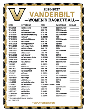 Vanderbilt Commodores women's basketball 2026-27 Printable Schedule - Central Times