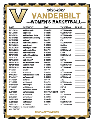 2024-25 Printable Vanderbilt Commodores Women's Basketball Schedule