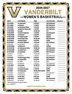 Vanderbilt Commodores women's basketball 2026-27 Printable Schedule - Pacific Times
