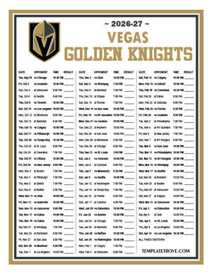 Vegas Golden Knights 2026-27 Printable Schedule
