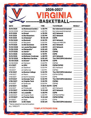 Virginia Cavaliers Basketball 2026-27 Printable Schedule - Pacific Times