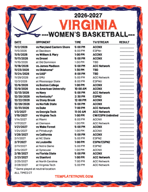 Virginia Cavaliers women's basketball 2026-27 Printable Schedule - Central Times