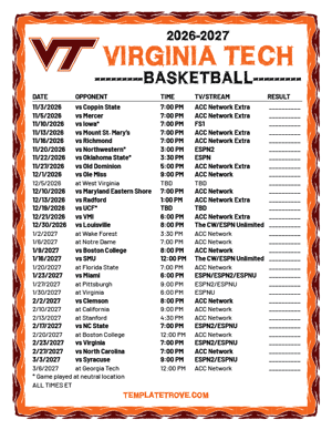 2024-25 Printable Virginia Tech Hokies Basketball Schedule