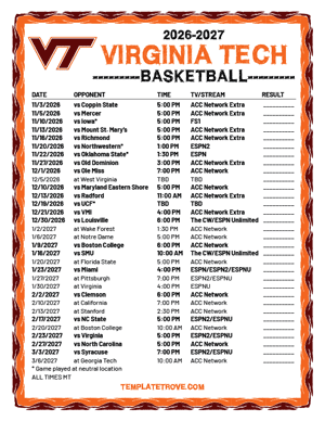 Virginia Tech Hokies Basketball 2026-27 Printable Schedule - Mountain Times
