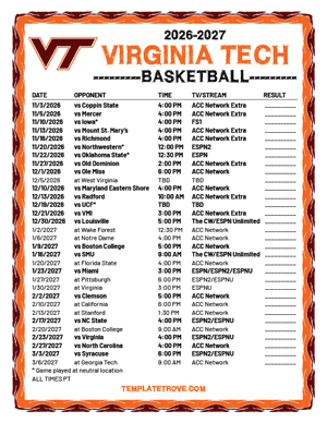 Virginia Tech Hokies Basketball 2026-27 Printable Schedule - Pacific Times