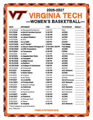 Virginia Tech Hokies women's basketball 2026-27 Printable Schedule - Central Times