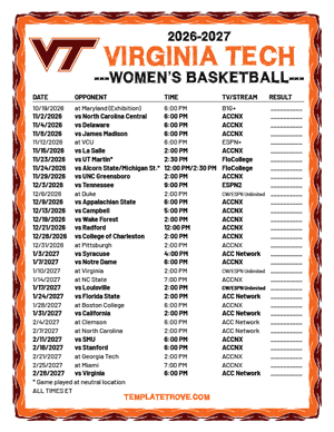 2025-26 Printable Virginia Tech Hokies Women's Basketball Schedule