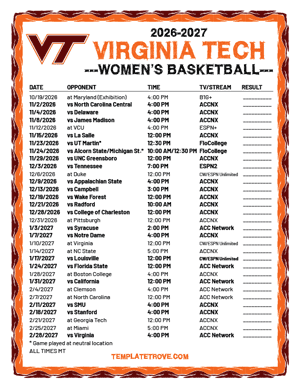 Virginia Tech Hokies women's basketball 2026-27 Printable Schedule - Mountain Times