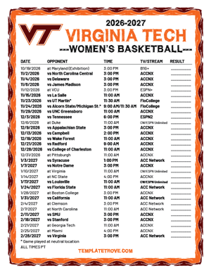 Virginia Tech Hokies women's basketball 2026-27 Printable Schedule - Pacific Times