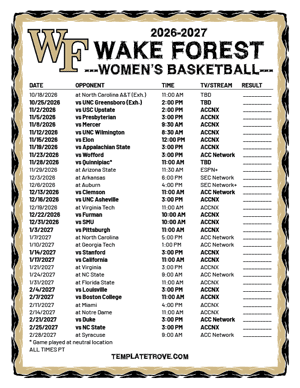 Wake Forest Demon Deacons women's basketball 2026-27 Printable Schedule - Pacific Times