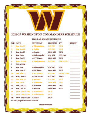 Washington Commanders 2026-27
Printable Schedule - Pacific Times