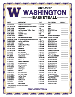Washington Huskies Basketball 2026-27 Printable Schedule - Central Times