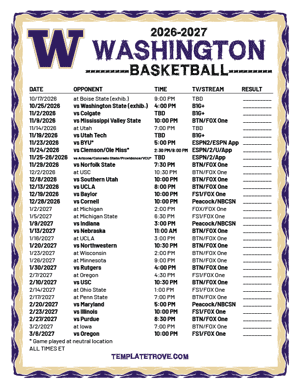 2024-25 Printable Washington Huskies Basketball Schedule