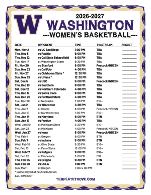 Washington Huskies Women's Basketball 2026-27 Printable Schedule - Central Times