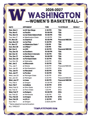 2024-25 Printable Washington Huskies Women's Basketball Schedule