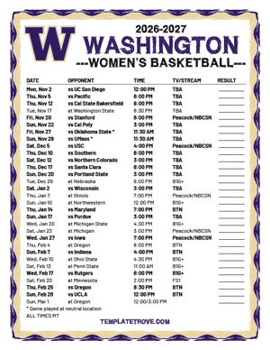 Washington Huskies Women's Basketball 2026-27 Printable Schedule - Mountain Times