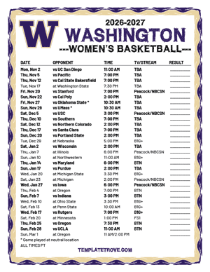 Washington Huskies Women's Basketball 2026-27 Printable Schedule - Pacific Times