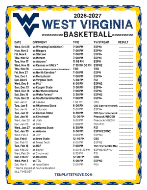 2024-25 Printable West Virginia Mountaineers Basketball Schedule