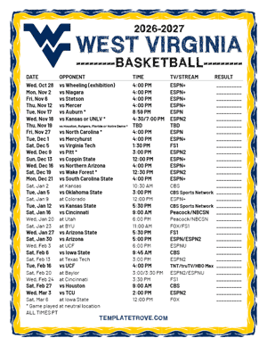 West Virginia Mountaineers Basketball 2026-27 Printable Schedule - Pacific Times