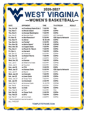 2024-25 Printable West Virginia Mountaineers Women's Basketball Schedule