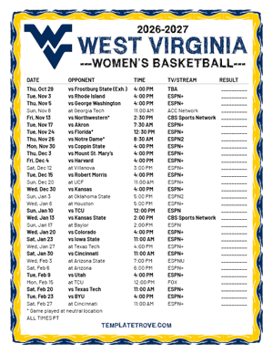 West Virginia Mountaineers Women's Basketball 2026-27 Printable Schedule - Pacific Times