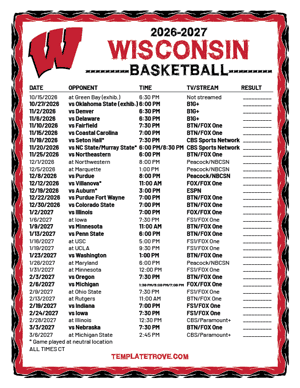Wisconsin Badgers Basketball 2026-27 Printable Schedule - Central Times