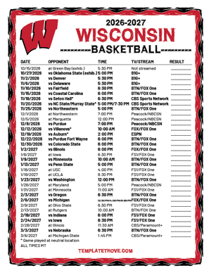 Wisconsin Badgers Basketball 2026-27 Printable Schedule - Mountain Times