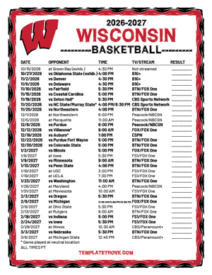 Wisconsin Badgers Basketball 2026-27 Printable Schedule - Pacific Times