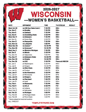 2024-25 Printable Wisconsin Badgers Women's Basketball Schedule