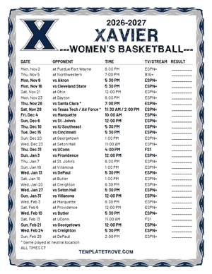 Xavier Musketeers Women's Basketball 2026-27 Printable Schedule - Central Times